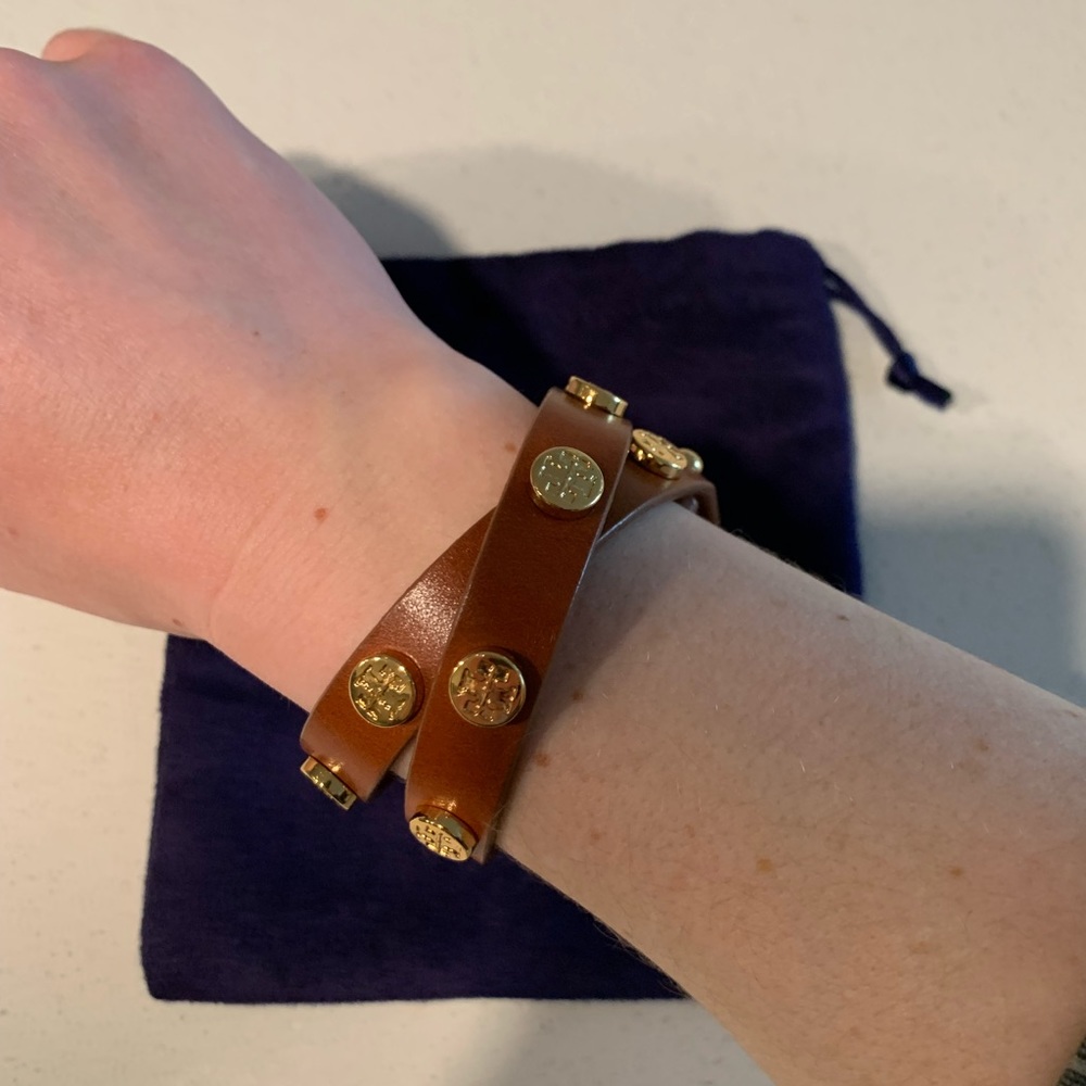 Tory Burch Leather Logo Stud Double Wrap Bracelet